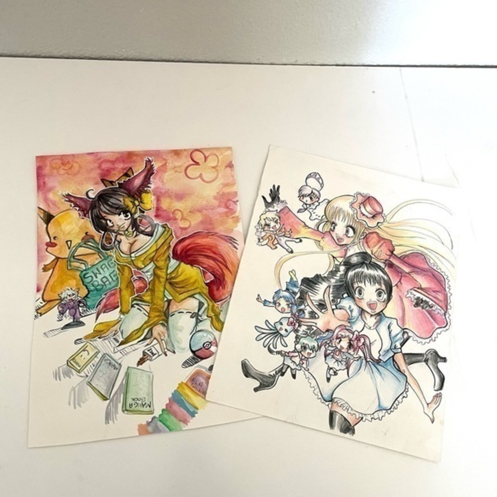 ANIMEE Watercolor/color pencil hand painted expression artwork set of 2 painting